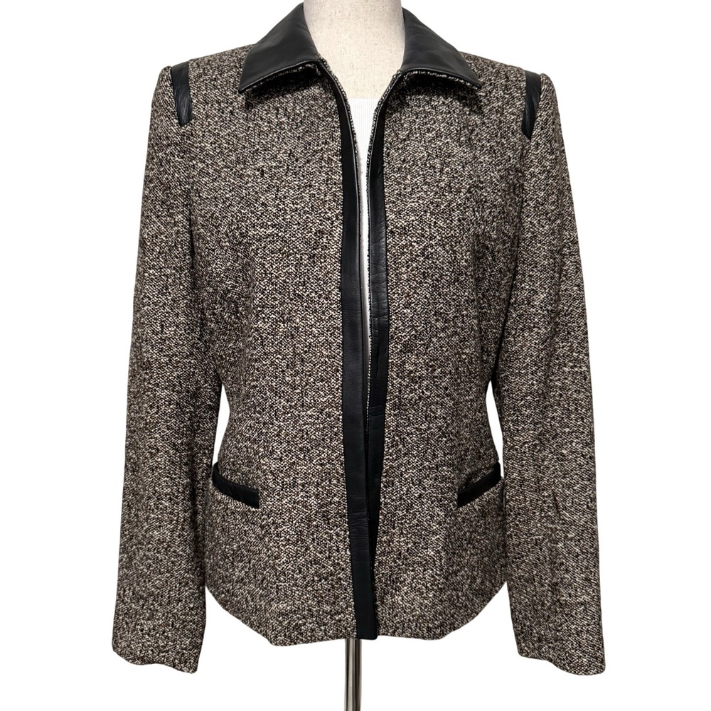 Dana Buchman Wool Blend Open Front Brown Tweed Blazer Black Leather Trim Size 8 - Picture 1 of 11